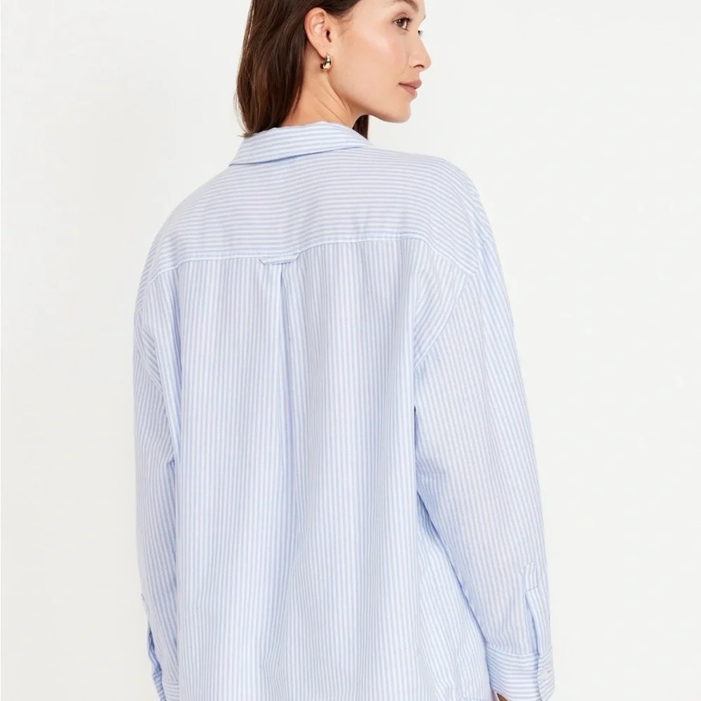 Old Navy Boyfriend Resort Poplin Button Down Shirt Stripe Blue Cotton Women's M - Picture 2 of 9